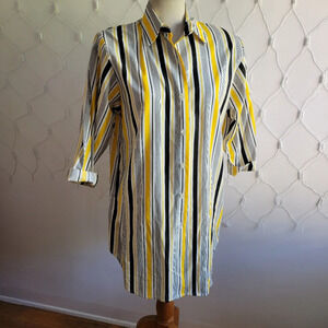 Vintage Striped Tunic Blouse / Button Down / Yellow/Black/White / Sz 10